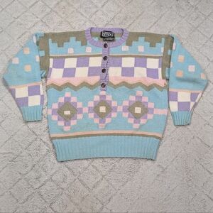 Vintage Berek Sweater Womens L Blue Purple Pastel Geometric Hand Knit Chunky